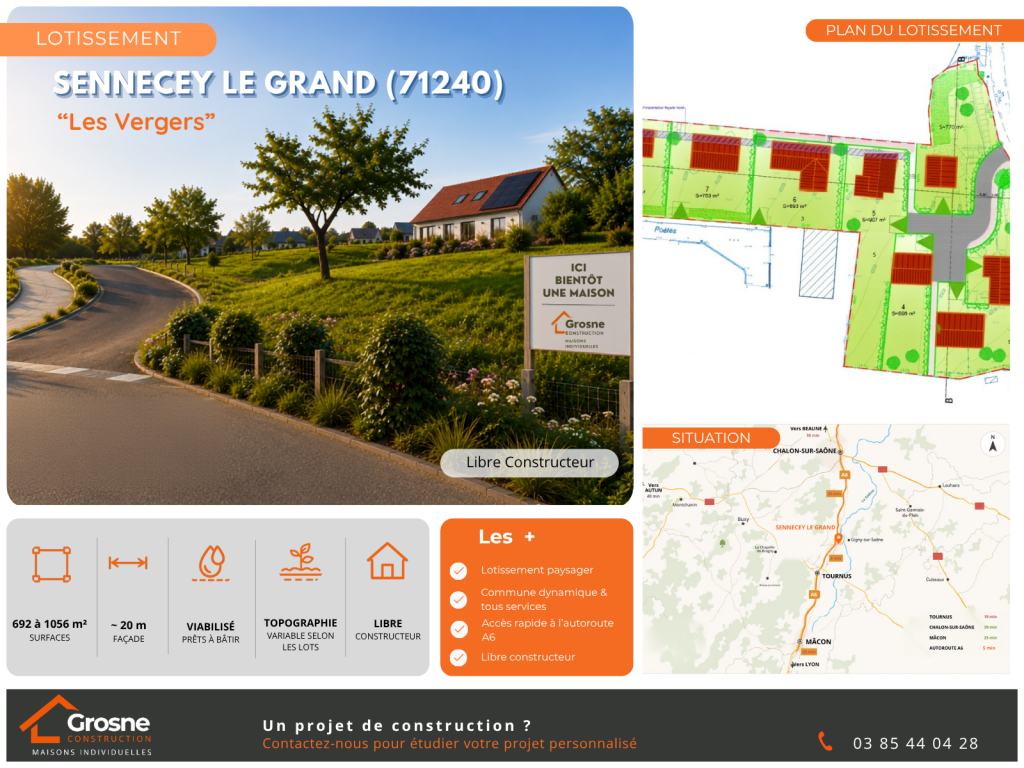 Terrains constructibles dans le lotissement Les Vergers à Sennecey-le-Grand (71240), parcelles viabilisées de 692 à 1 056 m², libres constructeur, dans une commune dynamique proche de Chalon-sur-Saône et de l'autoroute A6.