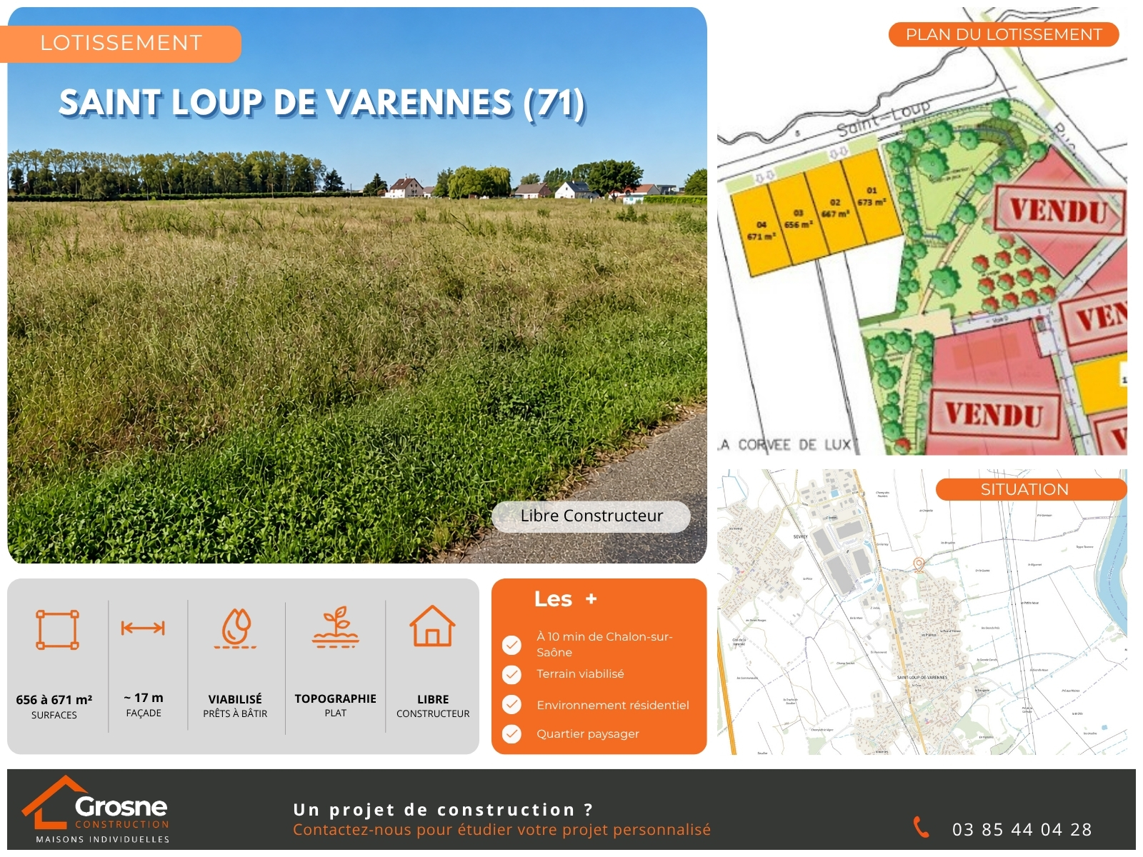 Fiche de présentation des terrains à bâtir de la ZAC du Pré Saint-Loup à Saint-Loup-de-Varennes avec plan du lotissement et situation.