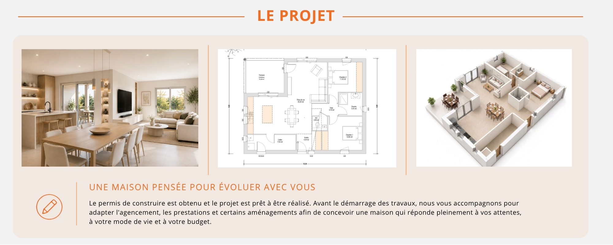 Présentation du projet Maison + Terrain à Allériot (71) avec une perspective intérieure, le plan du rez-de-chaussée et une vue axonométrique de la maison proposée par Grosne Construction.