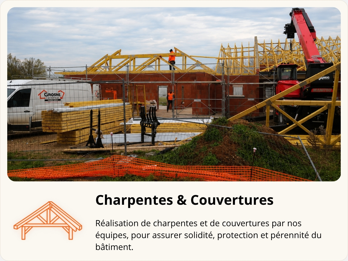 Pose d’une charpente bois par les équipes de Grosne Entreprise