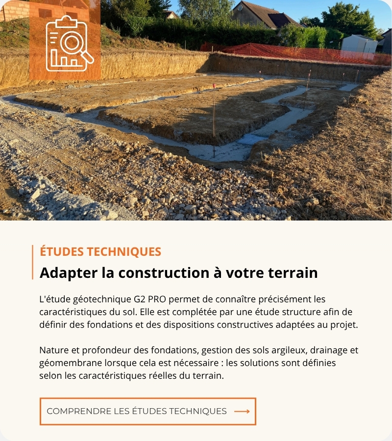 Études techniques, étude de sol G2 PRO et fondations adaptées pour une maison individuelle