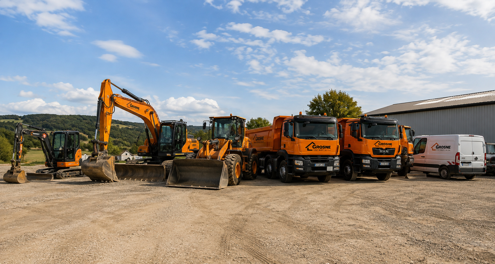 Parc matériel Grosne Entreprise avec pelles, engins de chantier et camions
