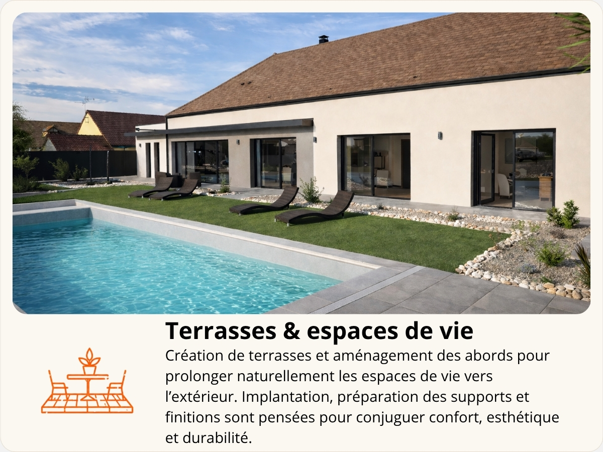 Terrasse et aménagement des espaces extérieurs autour d’une maison