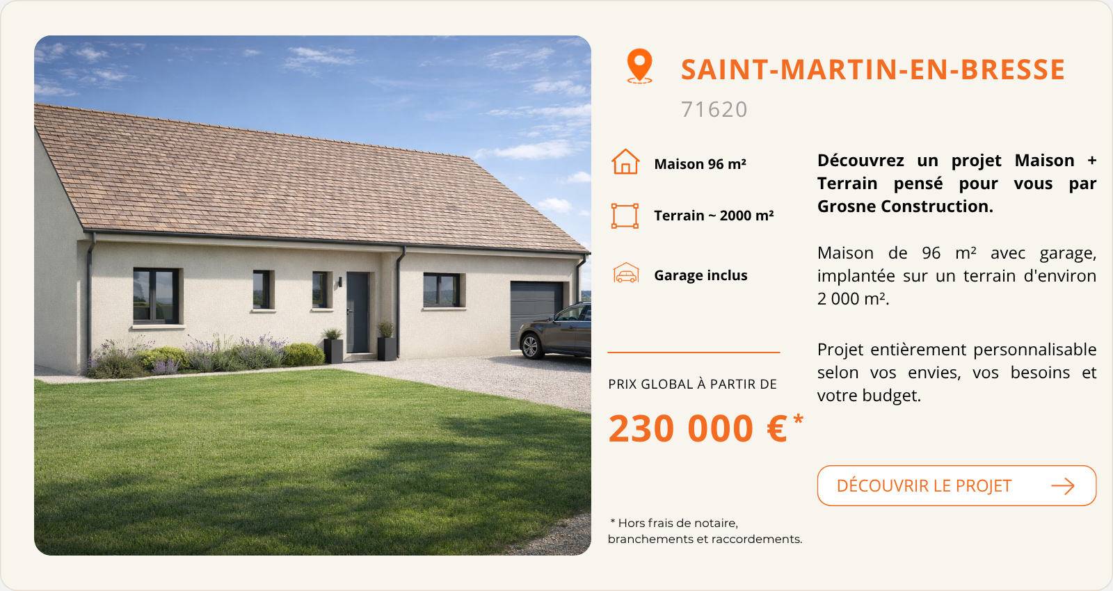 Fiche Maison + Terrain à Saint-Martin-en-Bresse présentant un projet de maison de 96 m² avec garage sur un terrain d'environ 2 000 m², personnalisable à partir de 230 000 €
