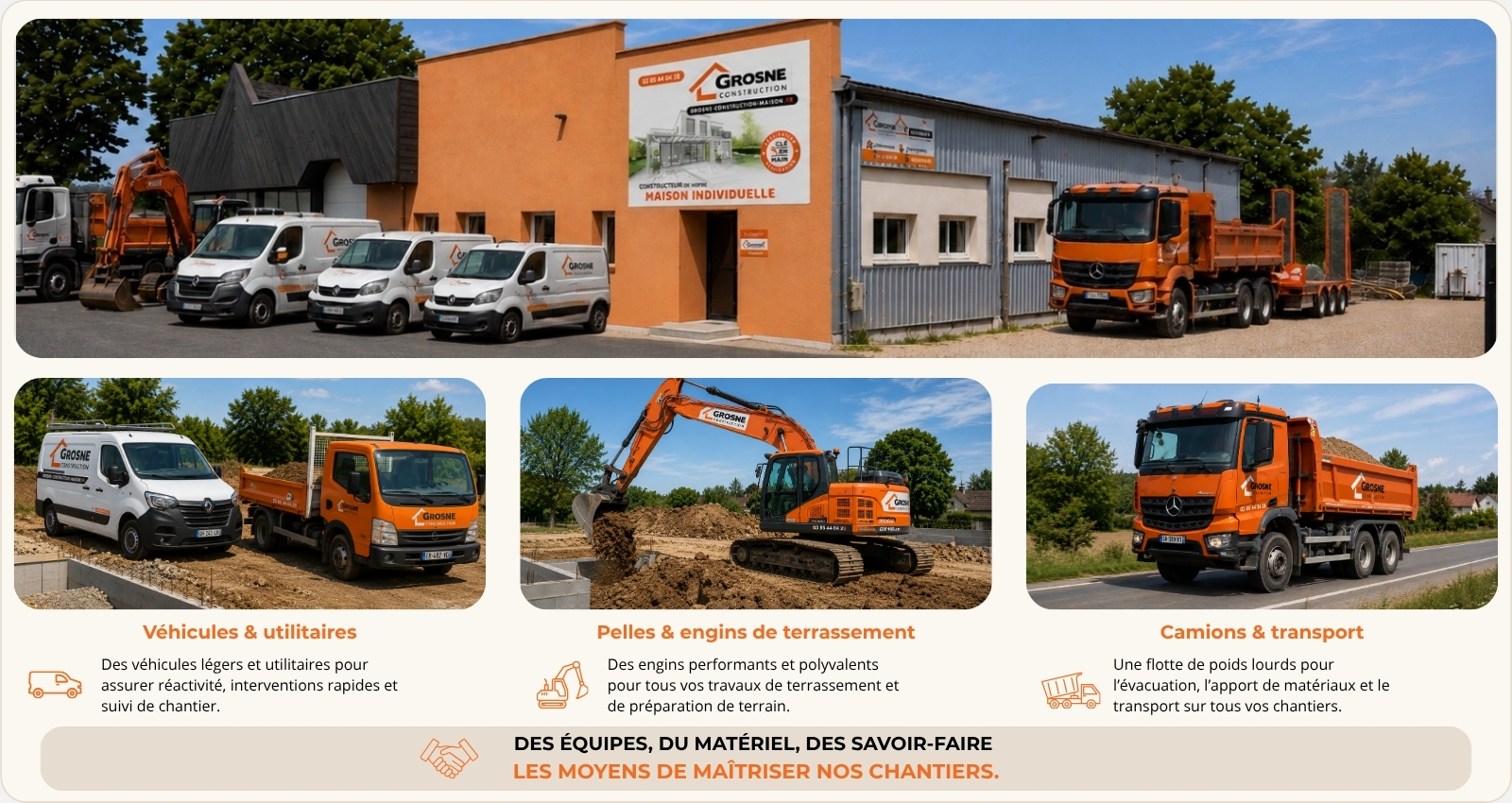 Parc matériel Grosne Entreprise avec véhicules, pelle de terrassement et camions