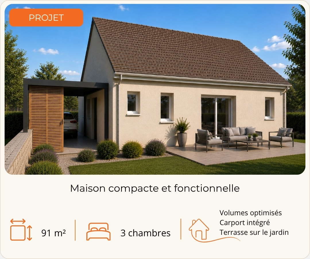 Projet de maison compacte de 91 m² avec carport conçu par Grosne Construction