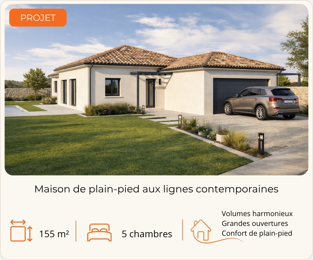 rojet de maison de plain-pied contemporaine de 155 m² conçu par Grosne Construction