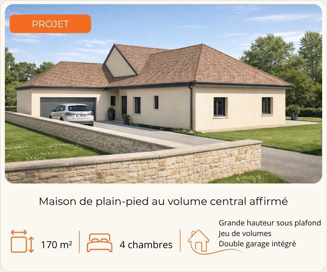 Projet de maison de plain-pied de 170 m² avec volume central grande hauteur conçu par Grosne Construction