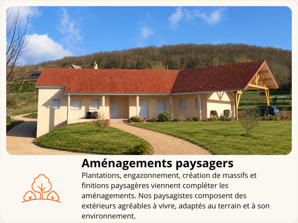 Aménagement extérieur d’une maison avec cour gravillonnée, accès, terrasse et finitions paysagères – Grosne Entreprise